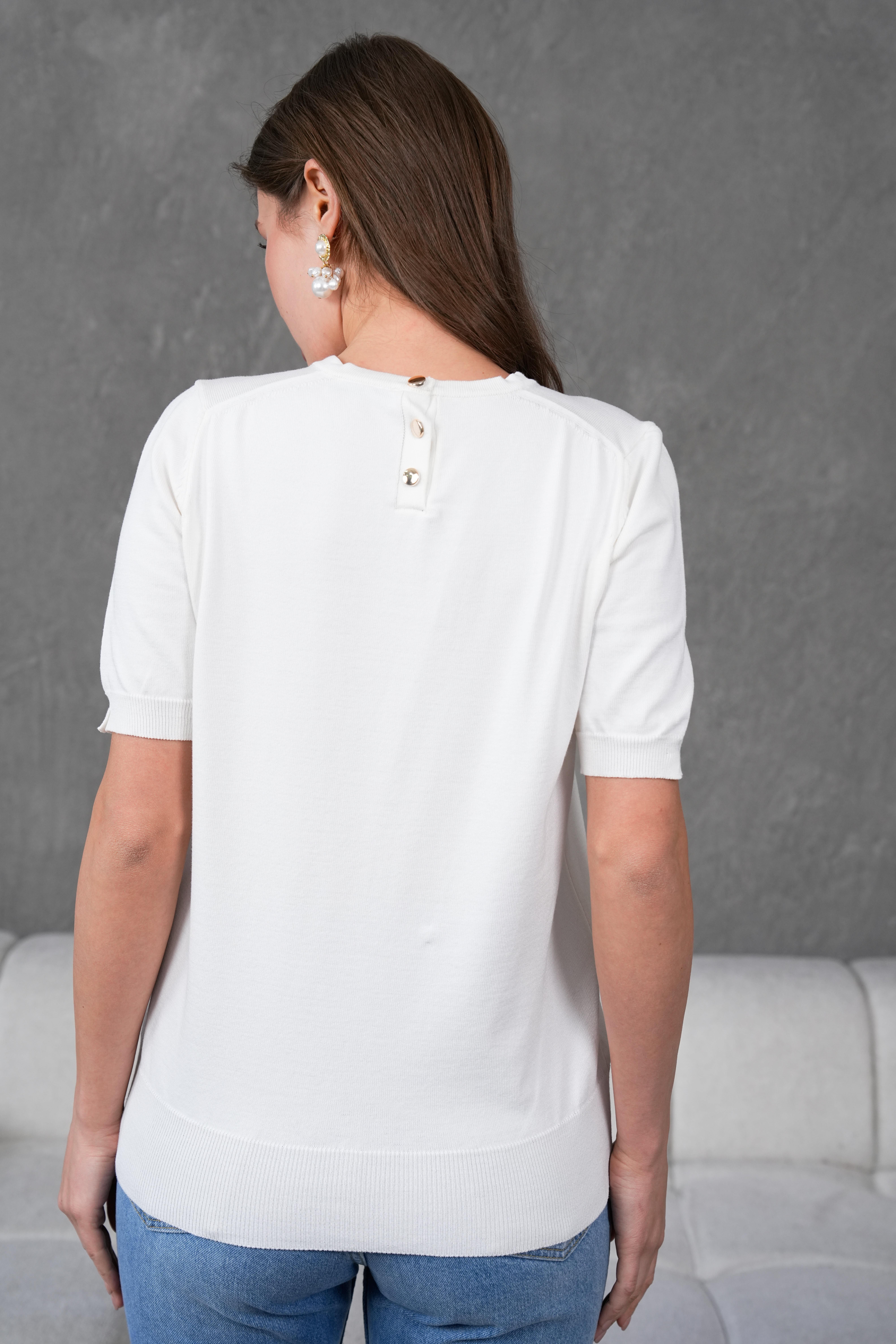 Kadın Ense Düğmeli Kısa Kol Triko Bluz 1415 Ekru