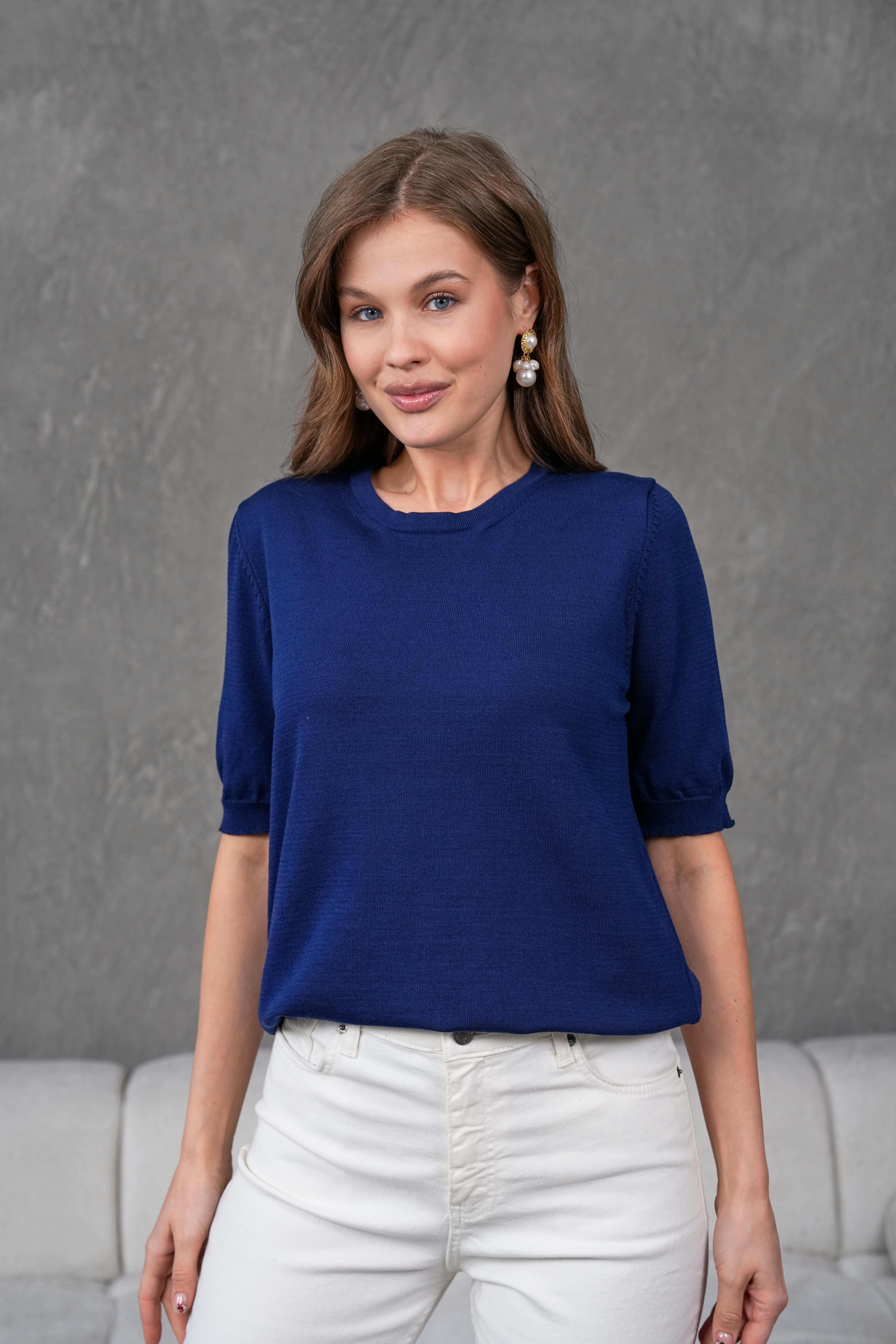 Kadın Ense Düğmeli Kısa Kol Triko Bluz 1415 Lacivert