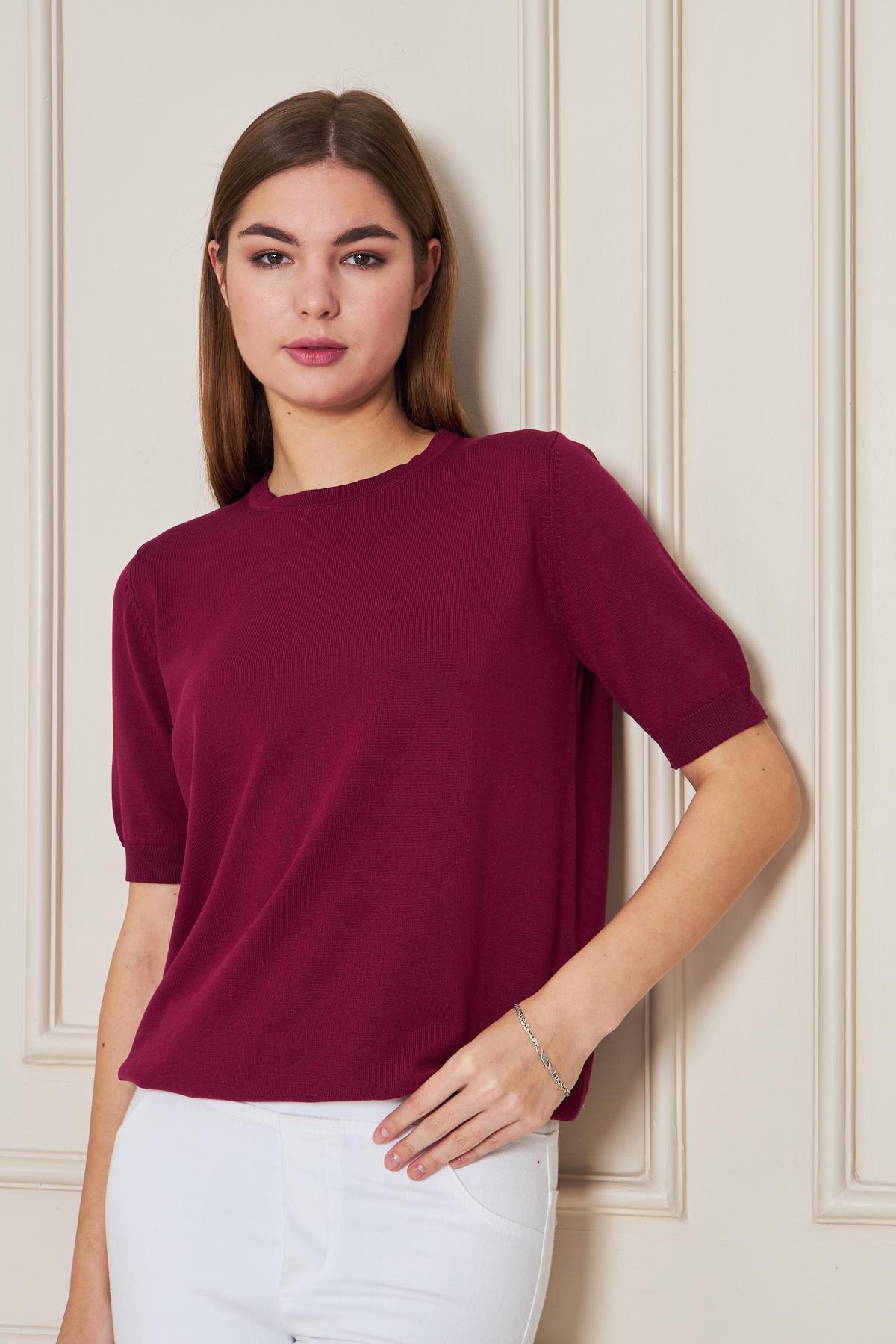 Kadın Ense Düğmeli Kısa Kol Triko Bluz 1415 Bordo