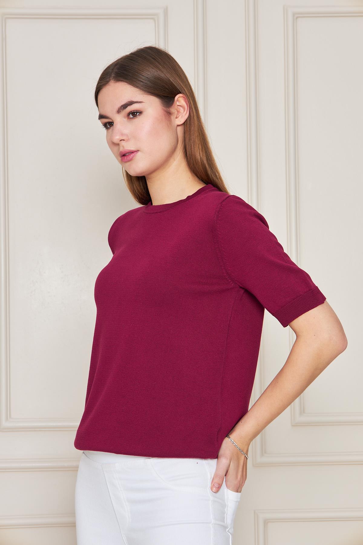 Kadın Ense Düğmeli Kısa Kol Triko Bluz 1415 Bordo