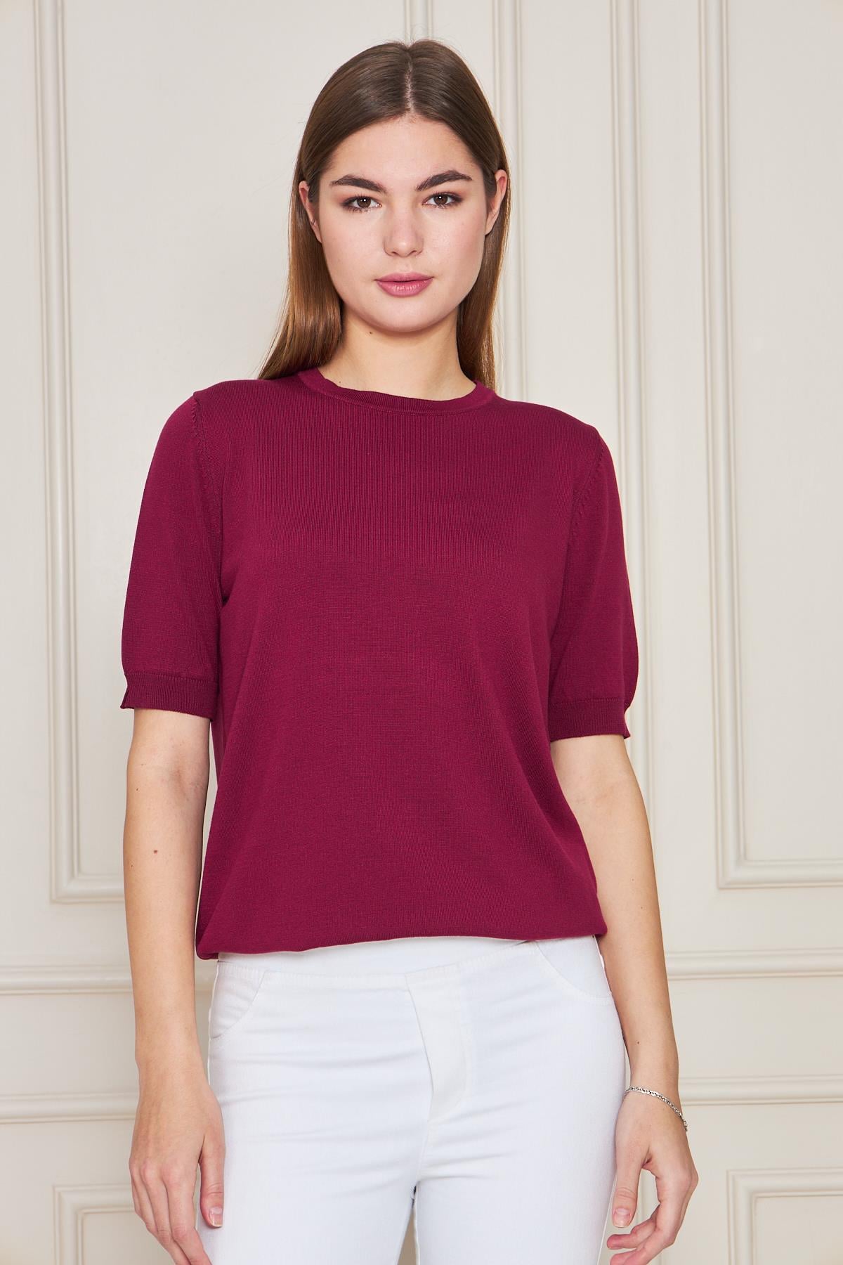 Kadın Ense Düğmeli Kısa Kol Triko Bluz 1415 Bordo