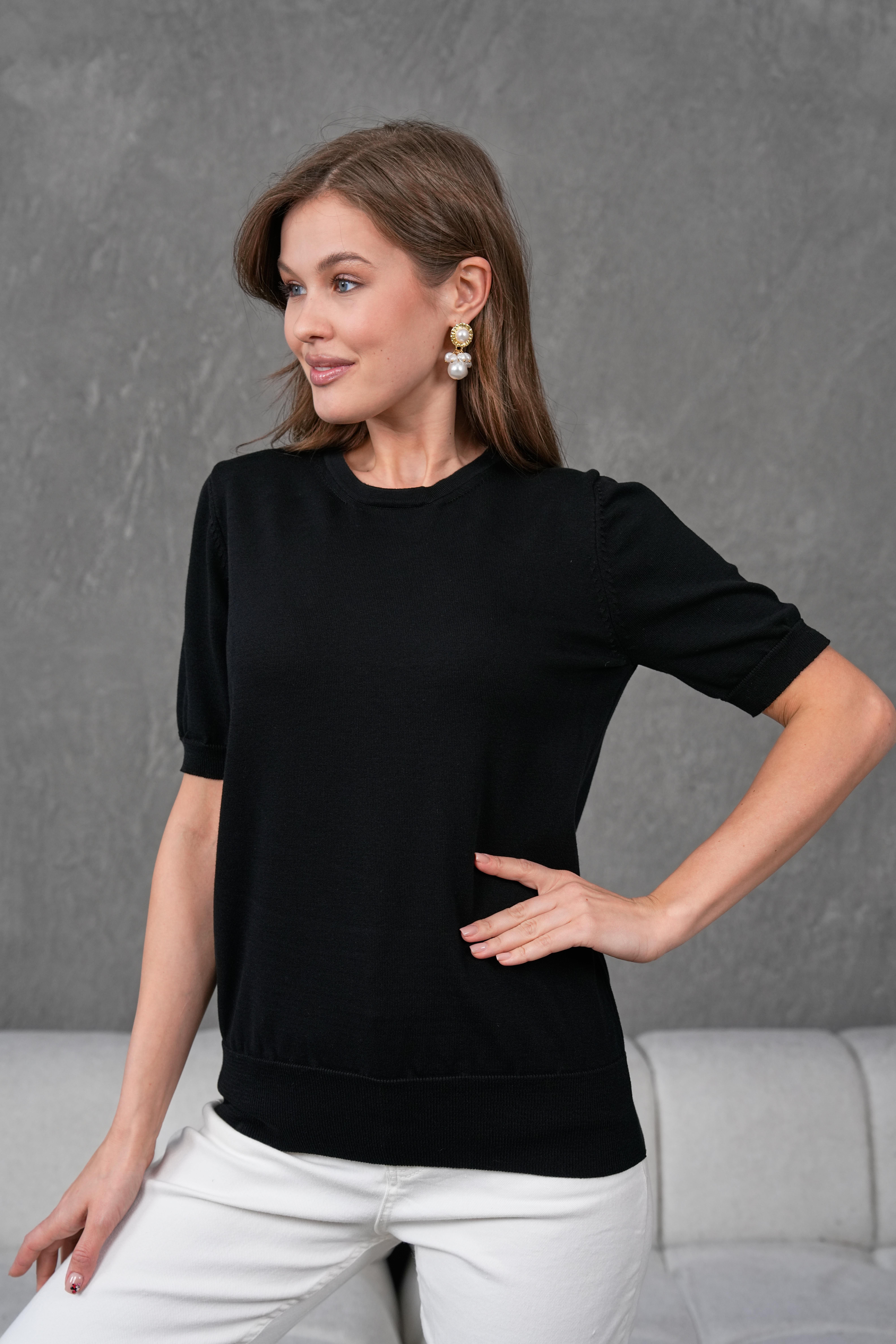 Kadın Ense Düğmeli Kısa Kol Triko Bluz 1415 Siyah