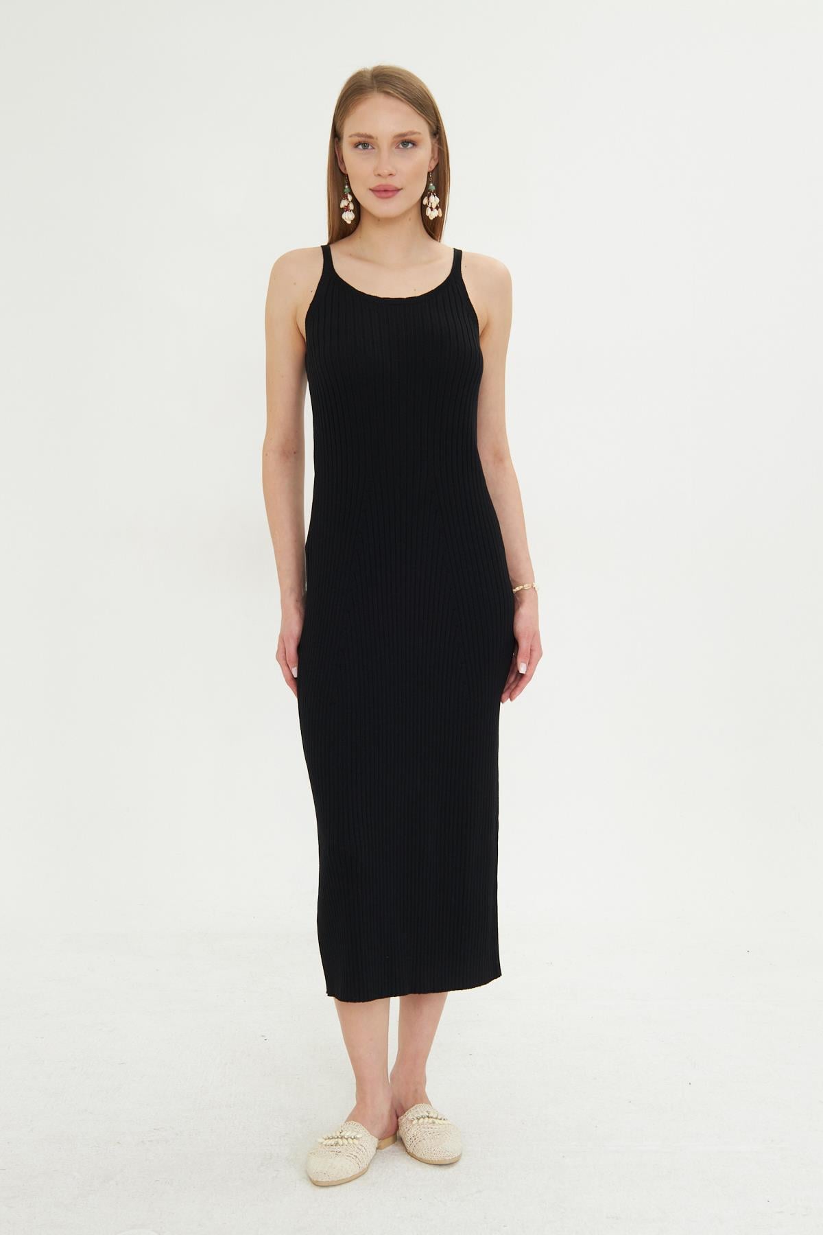 Kadın Halter Yaka Fitilli Triko Elbise 2523