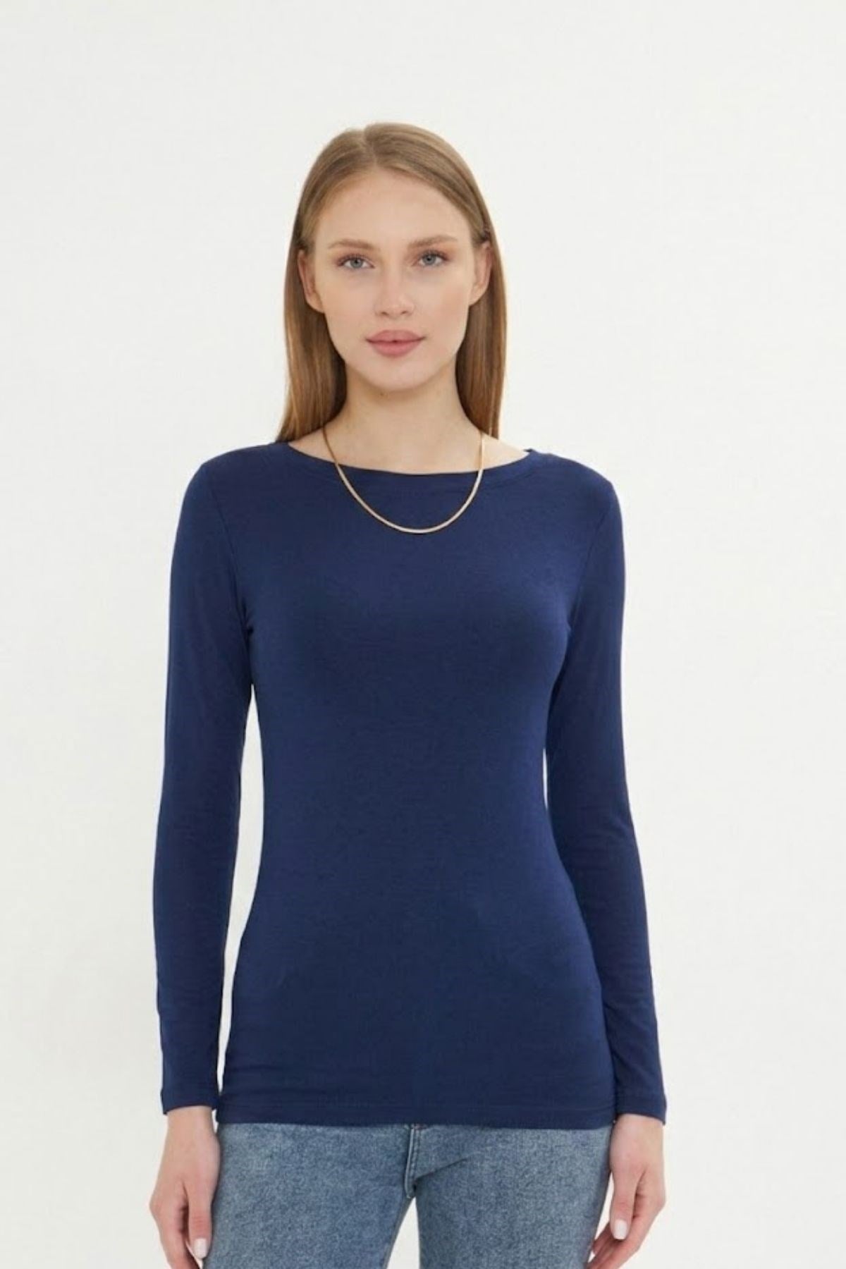 Kadın Kayık Yaka Basic Uzun Kollu Body Likralı Bluz  Viskon Body 160 Lacivert