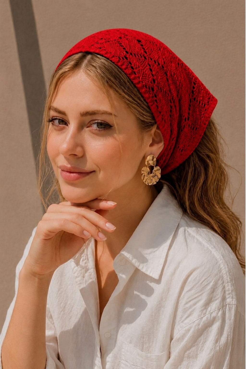 Kadın Pamuklu Yumuşak Dokulu Delikli Triko Bandana 7011 Kırmızı