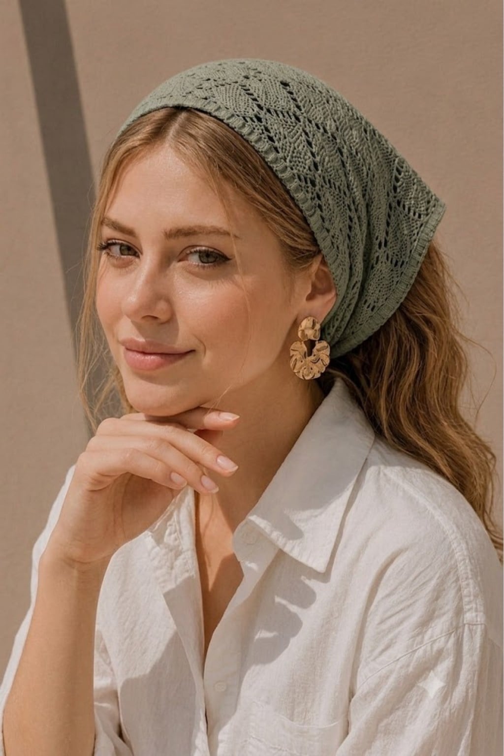 Kadın Pamuklu Yumuşak Dokulu Delikli Triko Bandana 7011 Haki