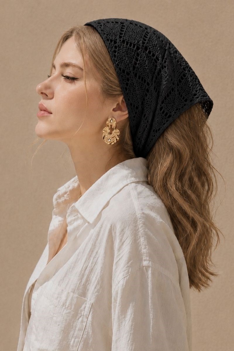 Kadın Pamuklu Yumuşak Dokulu Delikli Triko Bandana 7011 Siyah