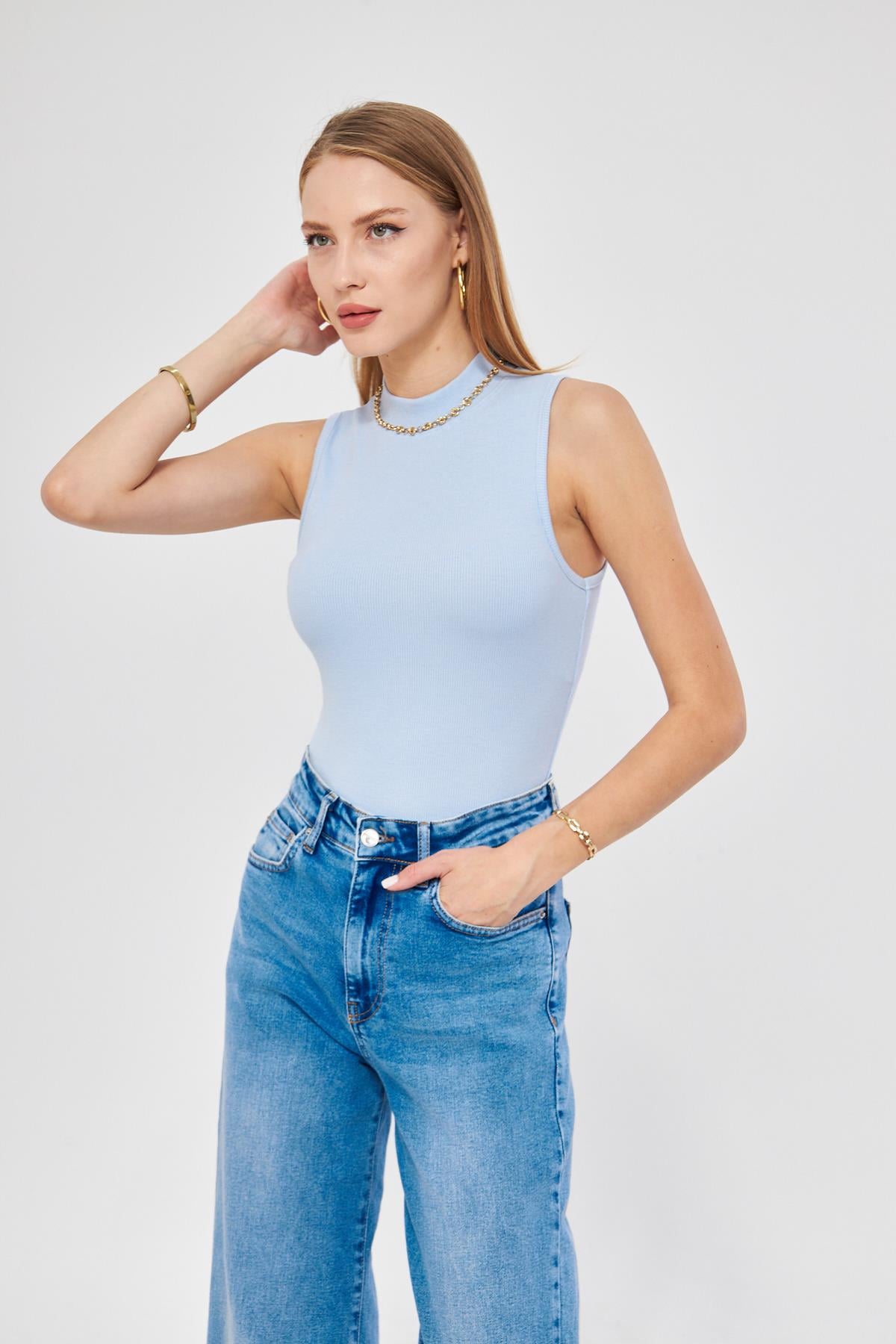 Kadın Sıfır Kol Fitilli Badi Coton Body 6027