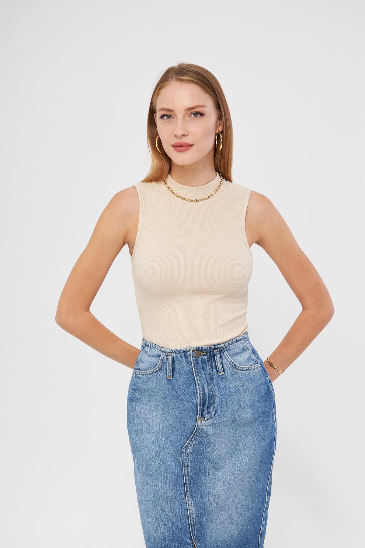 Kadın Sıfır Kol Fitilli Badi Coton Body 6027
