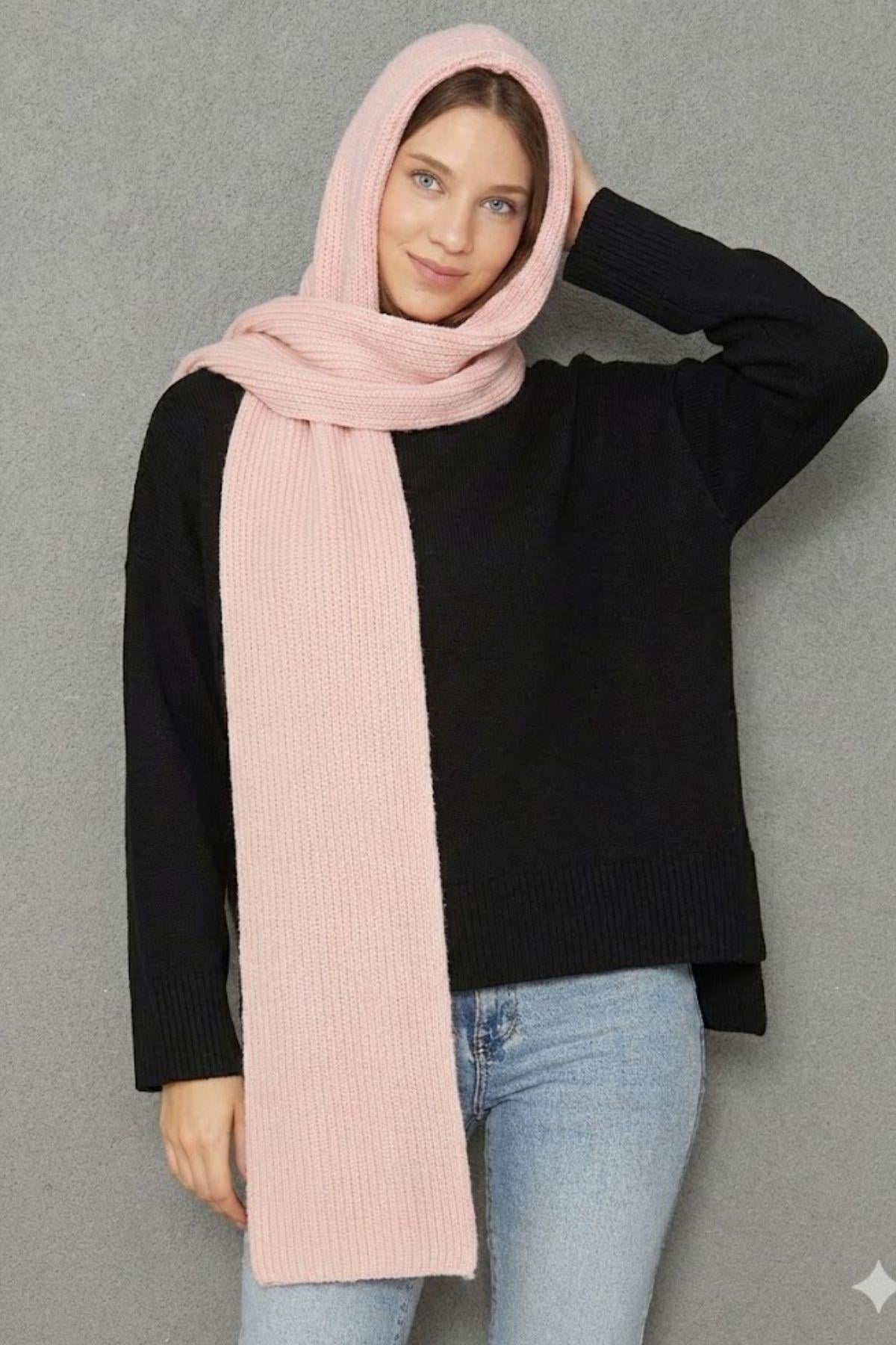 Kadın Yumuşak Dokulu Kapşonlu Atkı Selanik Örgü Kapşonlu Şal 13038 Pembe