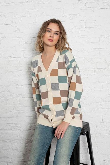Kare Desenli Oversize Triko Hırka 1905