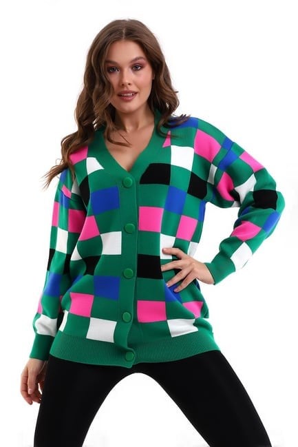 Kare Desenli Oversize Triko Hırka 1905 Yeşil