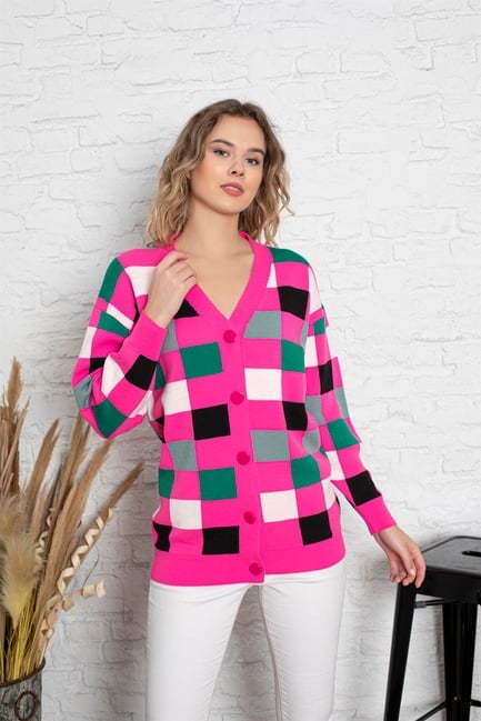 Kare Desenli Oversize Triko Hırka 1905 Fuşya