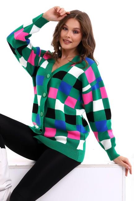 Kare Desenli Oversize Triko Hırka 1905