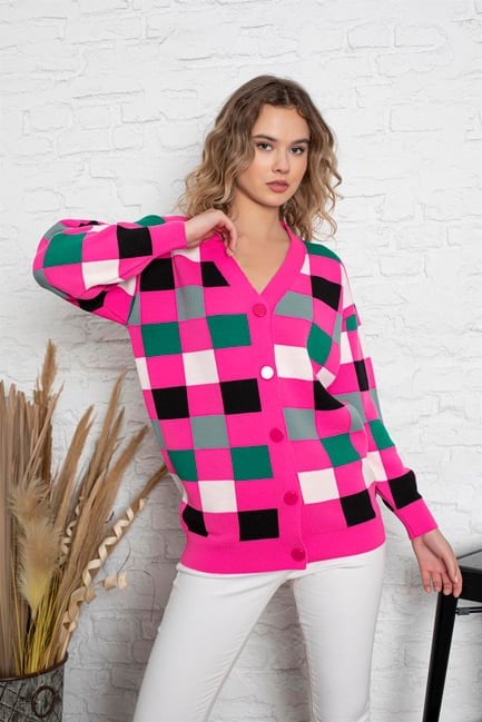 Kare Desenli Oversize Triko Hırka 1905 Fuşya