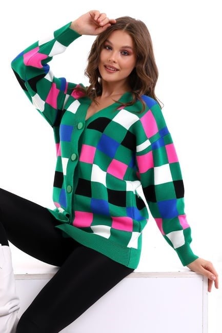 Kare Desenli Oversize Triko Hırka 1905 Yeşil