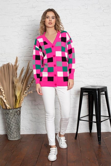 Kare Desenli Oversize Triko Hırka 1905 Fuşya