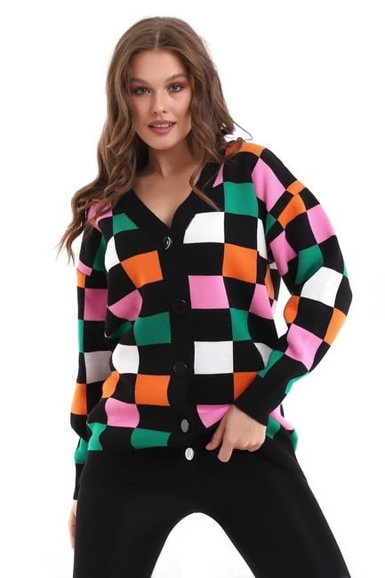 Kare Desenli Oversize Triko Hırka 1905 Siyah