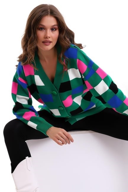 Kare Desenli Oversize Triko Hırka 1905 Yeşil