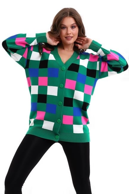 Kare Desenli Oversize Triko Hırka 1905 Yeşil