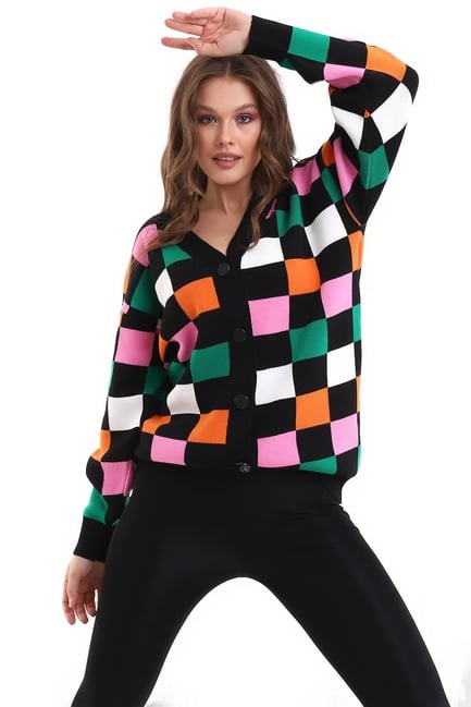 Kare Desenli Oversize Triko Hırka 1905 Siyah