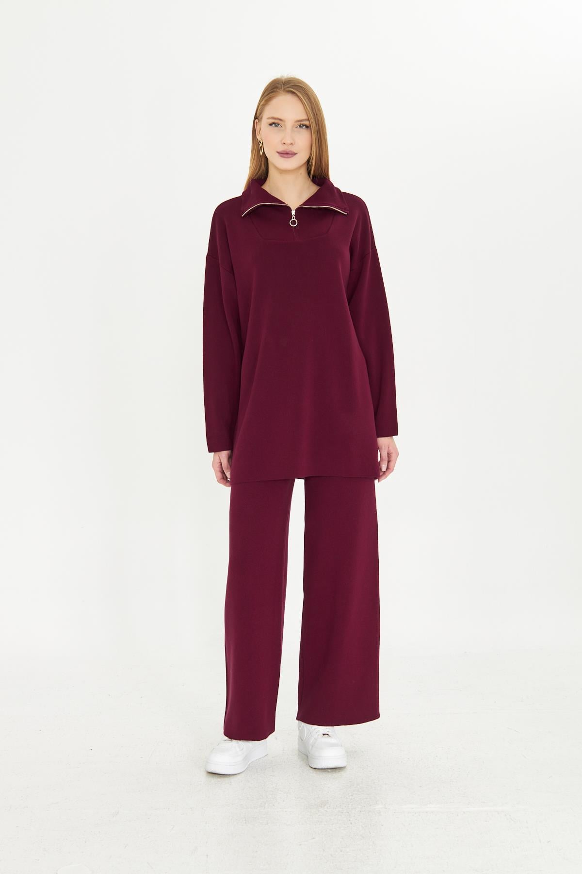 Oversize Fermuarlı Triko Alt Üst Takım 1805 Bordo