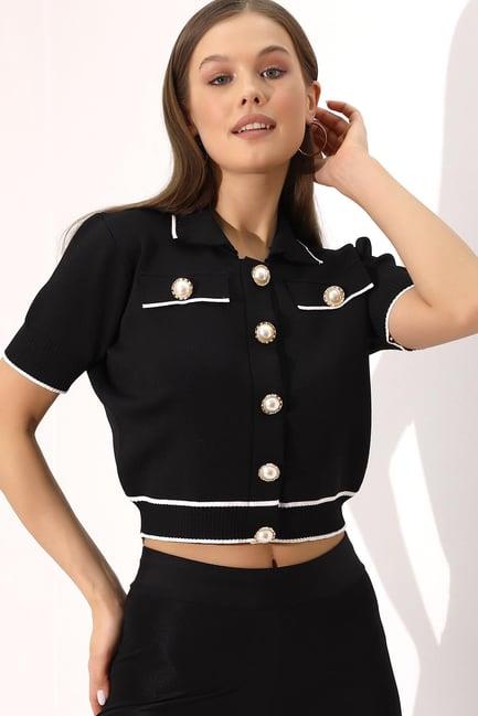 Polo Yaka Triko Crop İnci Düğmeli Hırka 2203