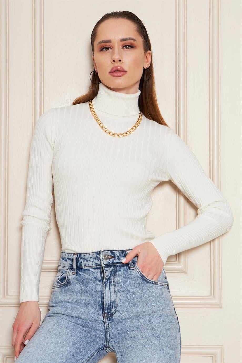 Balıkçı Yaka Fitilli Triko Kazak Triko Bluz 2017