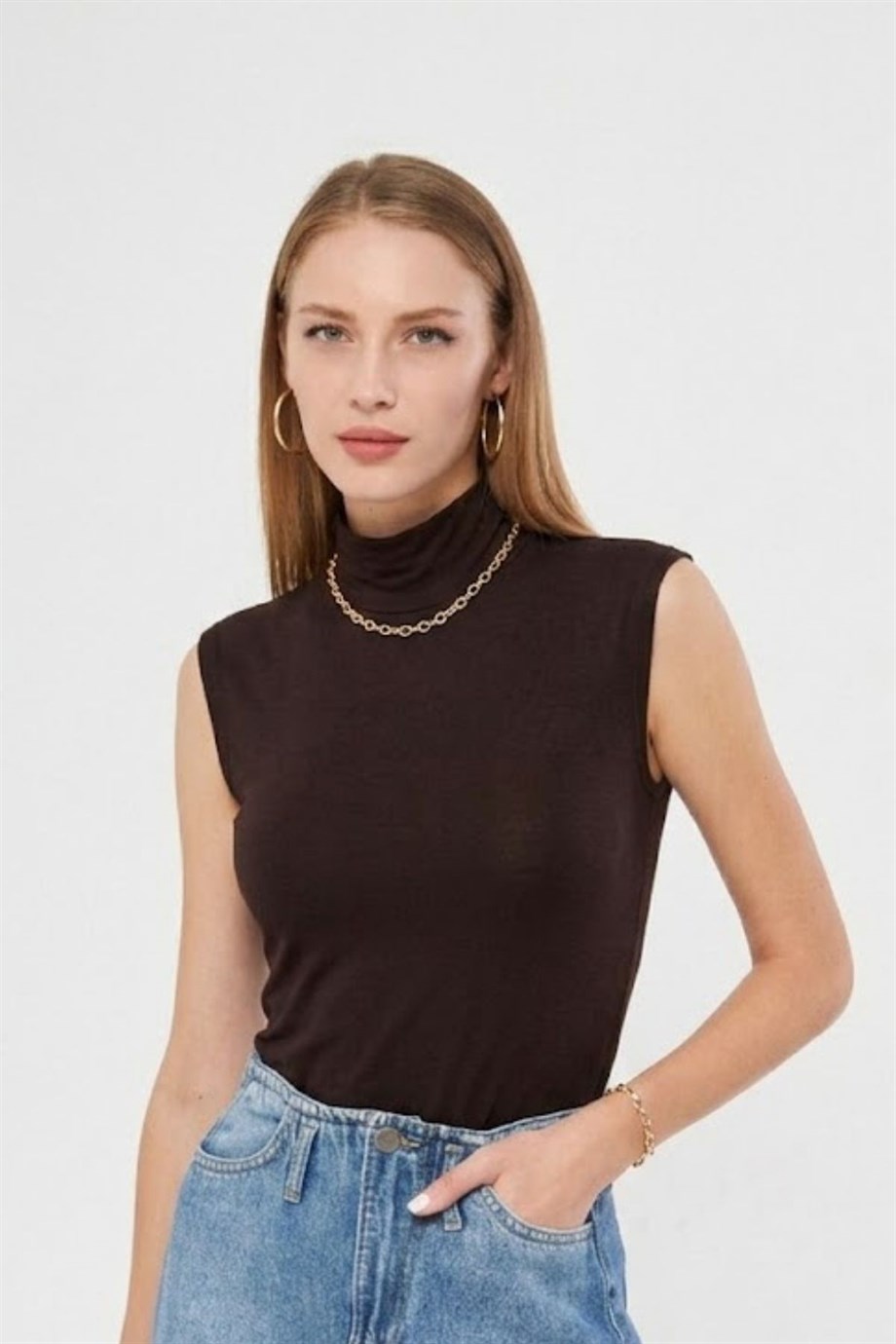 Balıkçı Yaka Sıfır Kol Badi Viskon Likralı Body 135 Kahverengi