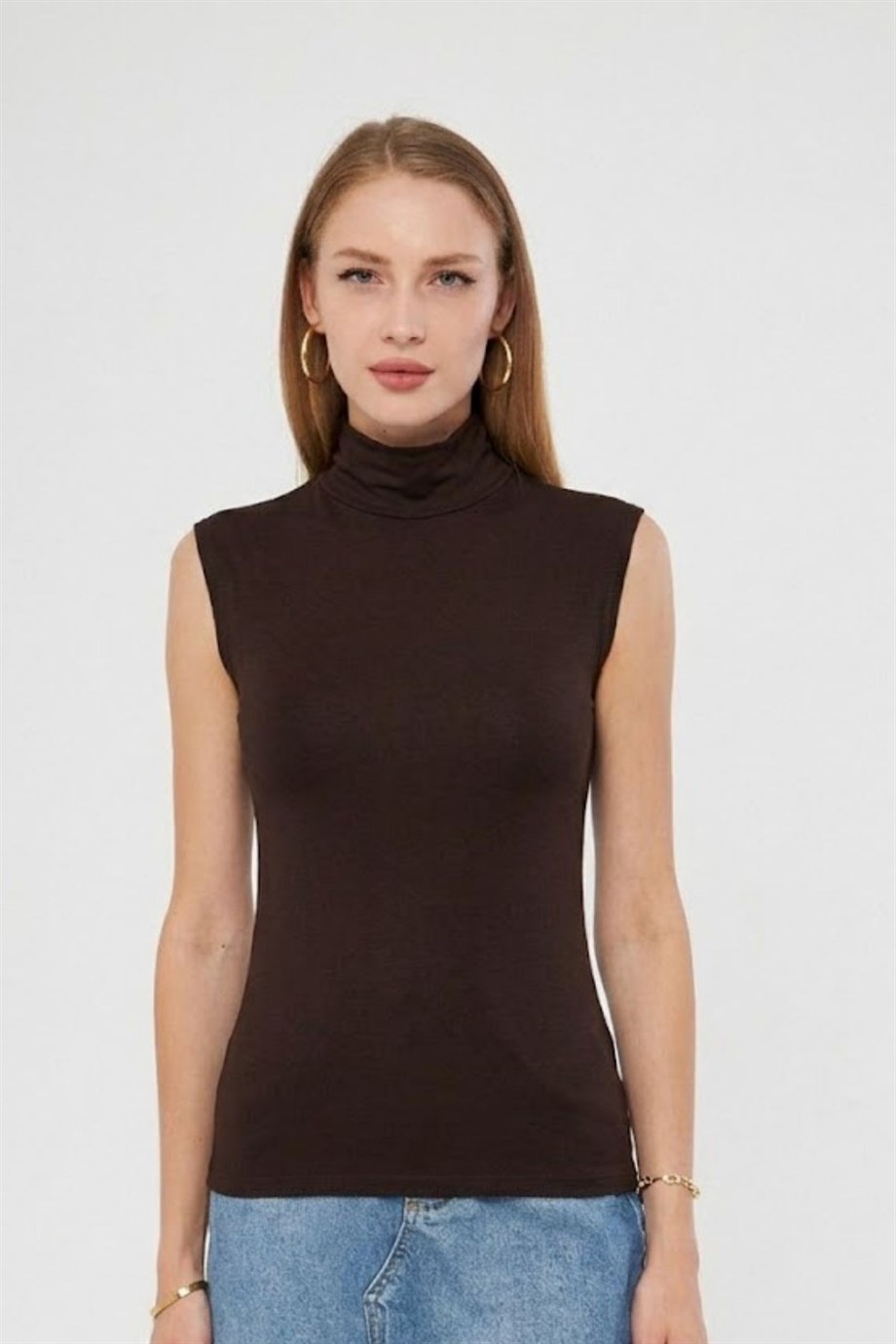 Balıkçı Yaka Sıfır Kol Badi Viskon Likralı Body 135 Kahverengi