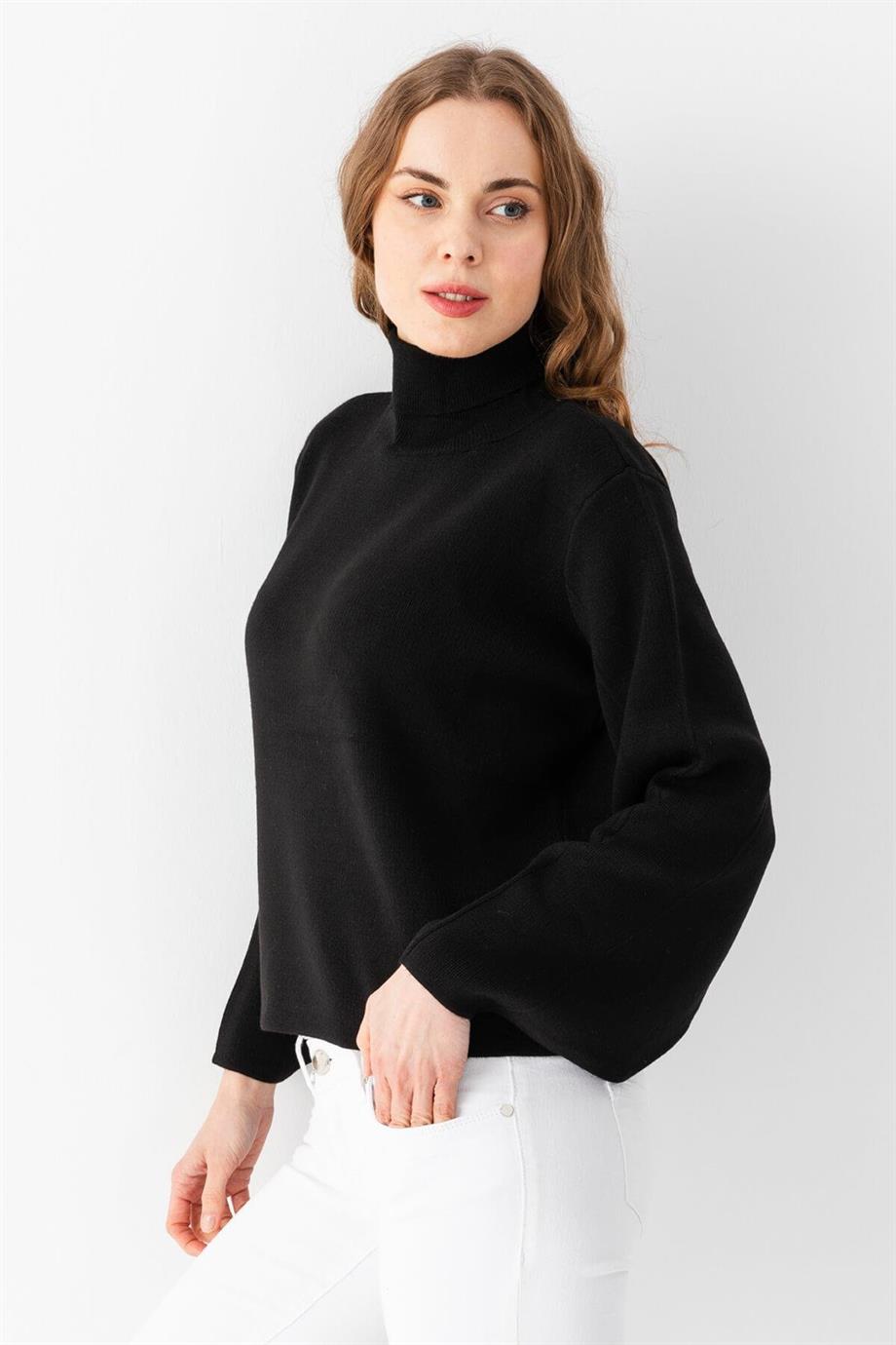 Balon Kol Balıkçı Yaka Triko Kazak Triko Bluz 1104