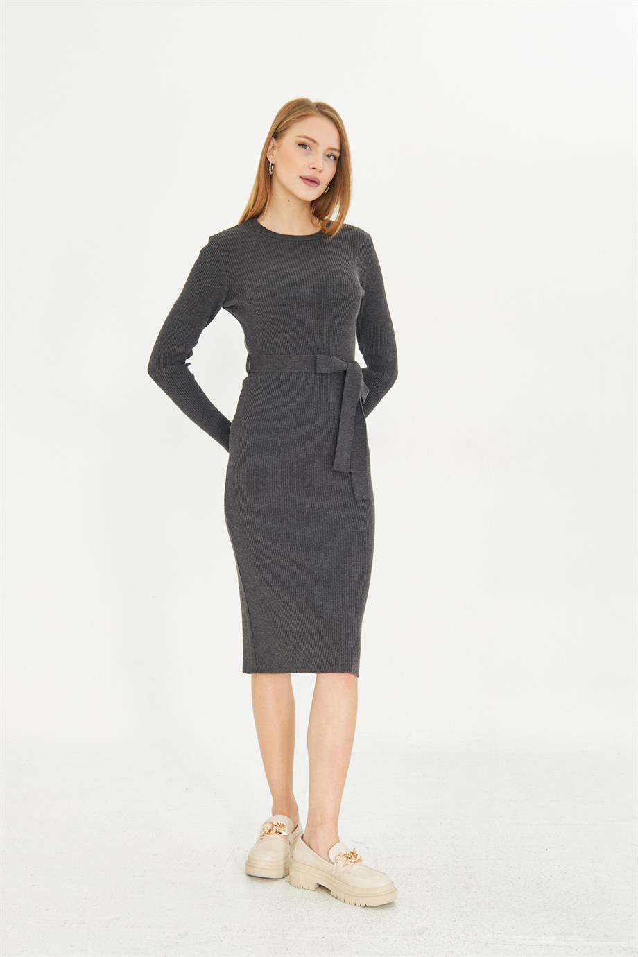 Bisiklet Yaka Fitilli Triko Elbise 4080
