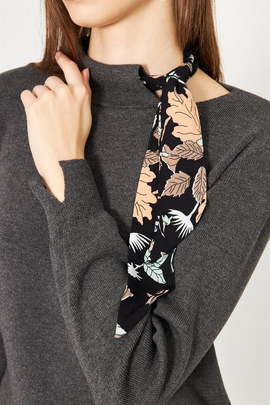 Bisiklet Yaka Fularlı Triko Kazak Triko Bluz 1100 Antrasit