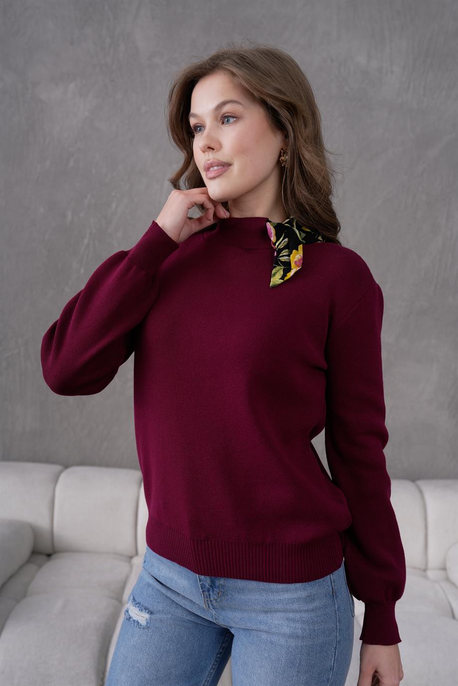 Bisiklet Yaka Fularlı Triko Kazak Triko Bluz 1100 Bordo
