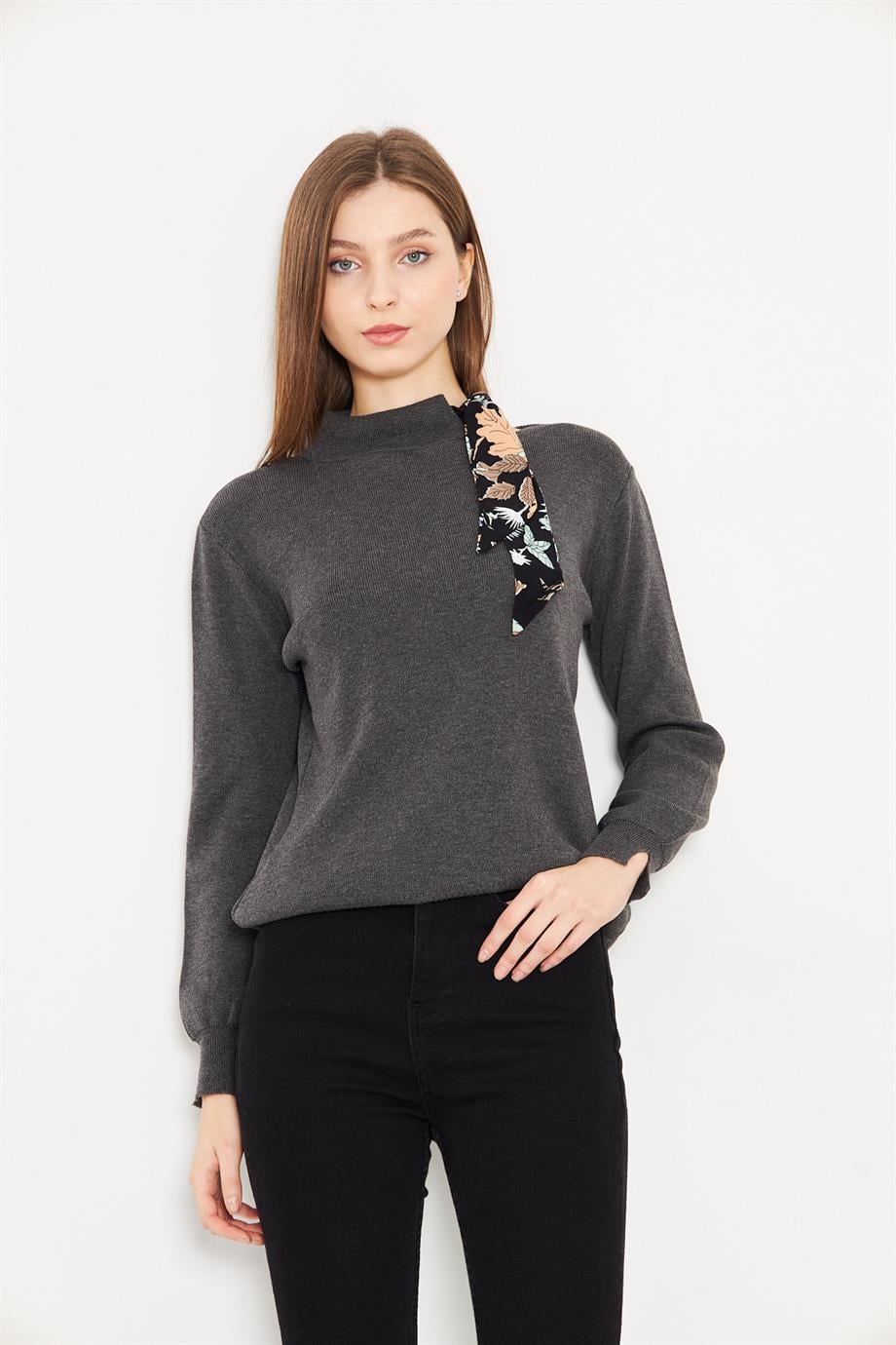 Bisiklet Yaka Fularlı Triko Kazak Triko Bluz 1100 Antrasit