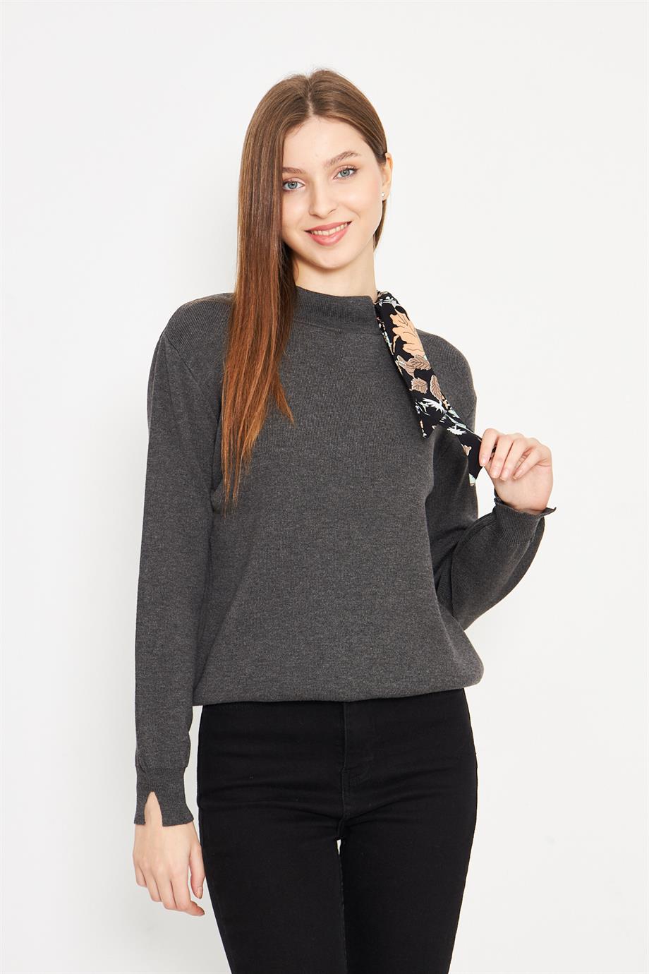 Bisiklet Yaka Fularlı Triko Kazak Triko Bluz 1100 Antrasit