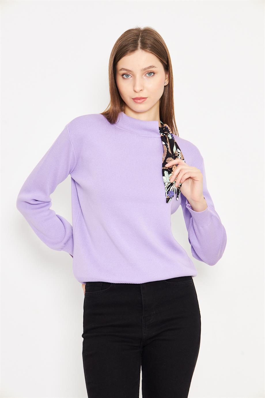 Bisiklet Yaka Fularlı Triko Kazak Triko Bluz 1100 Lila