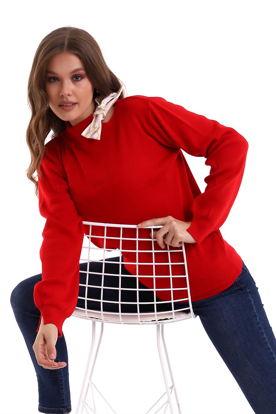 Bisiklet Yaka Fularlı Triko Kazak Triko Bluz 1100 Kırmızı