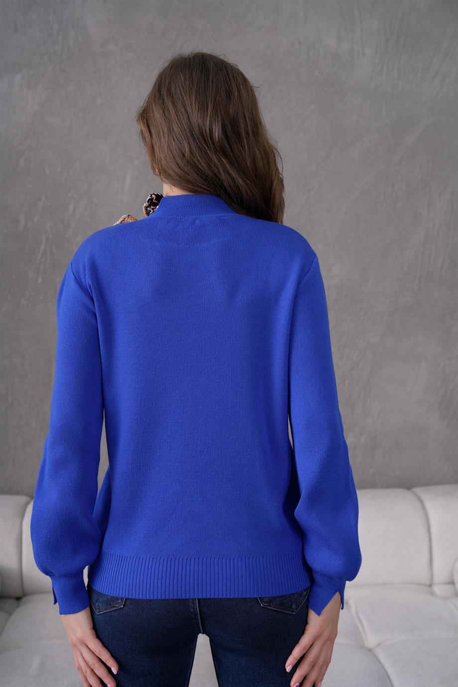 Bisiklet Yaka Fularlı Triko Kazak Triko Bluz 1100 Saks