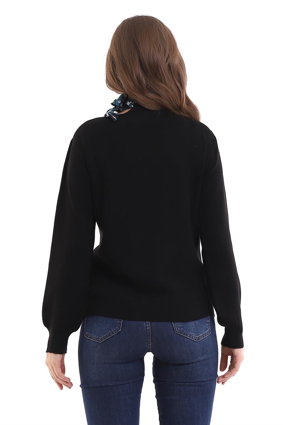 Bisiklet Yaka Fularlı Triko Kazak Triko Bluz 1100 Siyah