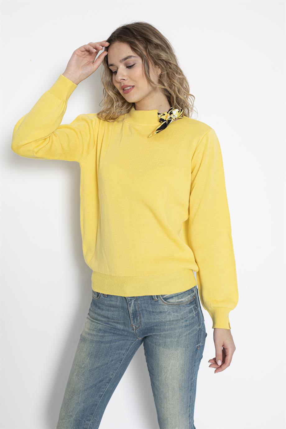 Bisiklet Yaka Fularlı Triko Kazak Triko Bluz 1100 Sarı