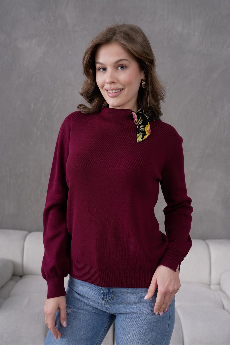 Bisiklet Yaka Fularlı Triko Kazak Triko Bluz 1100 Bordo