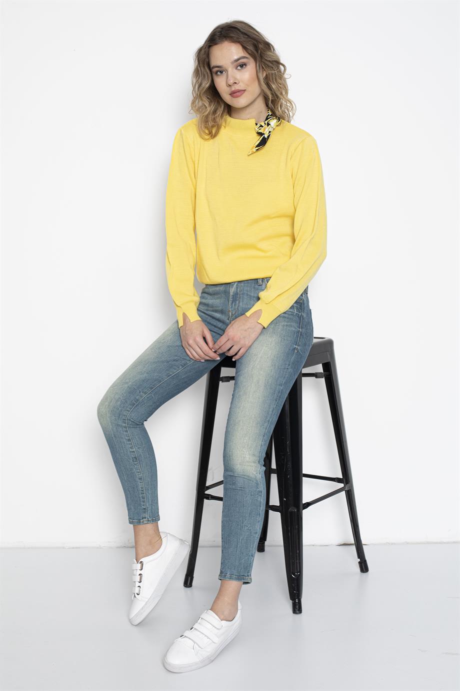 Bisiklet Yaka Fularlı Triko Kazak Triko Bluz 1100 Sarı