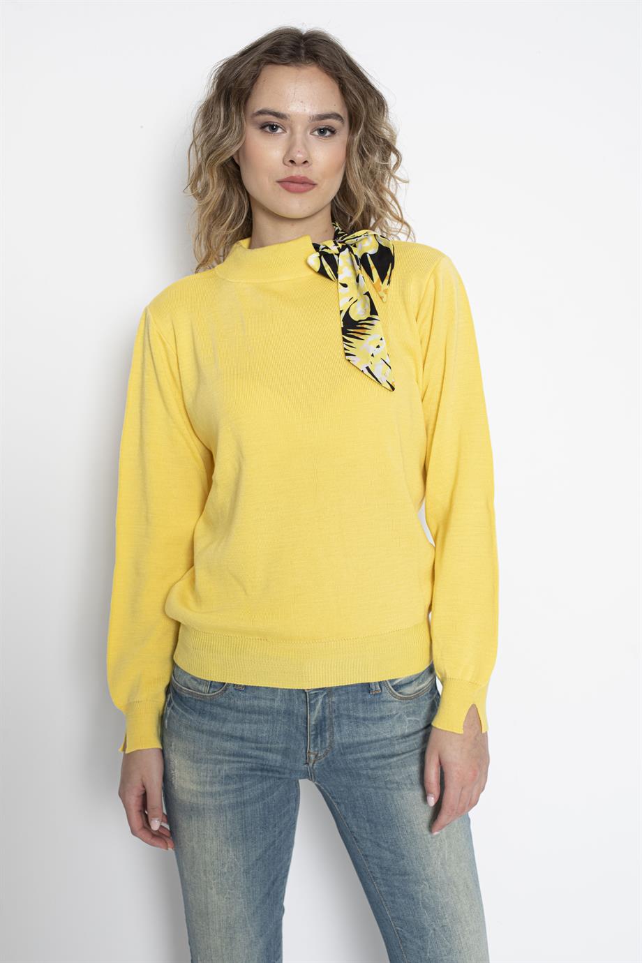 Bisiklet Yaka Fularlı Triko Kazak Triko Bluz 1100 Sarı