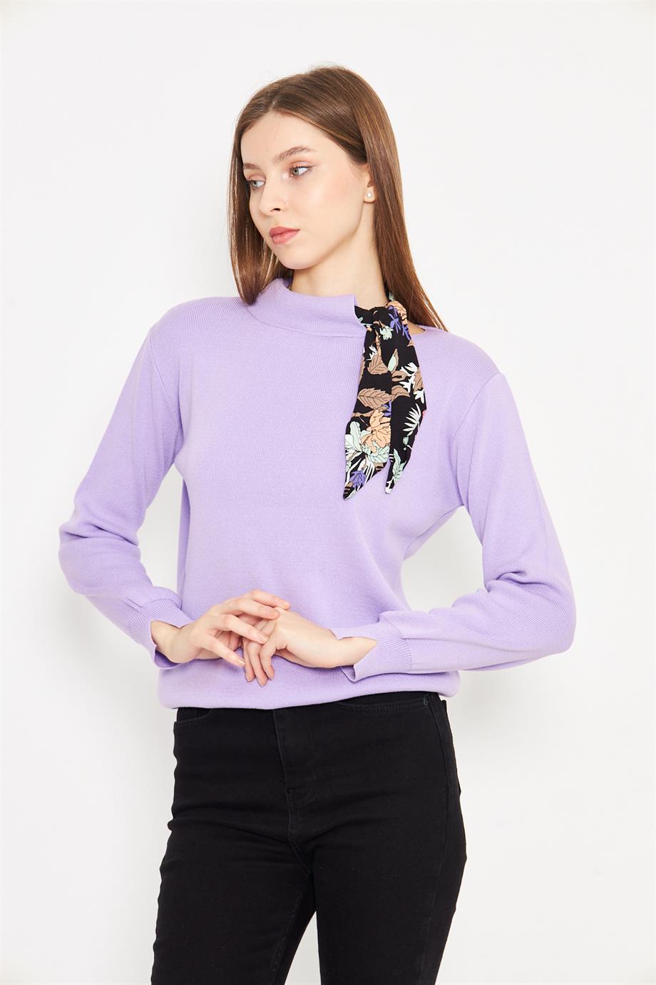 Bisiklet Yaka Fularlı Triko Kazak Triko Bluz 1100 Lila