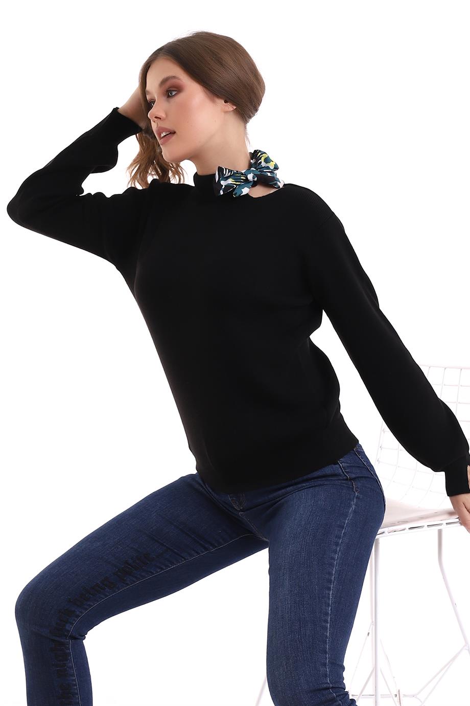 Bisiklet Yaka Fularlı Triko Kazak Triko Bluz 1100 Siyah