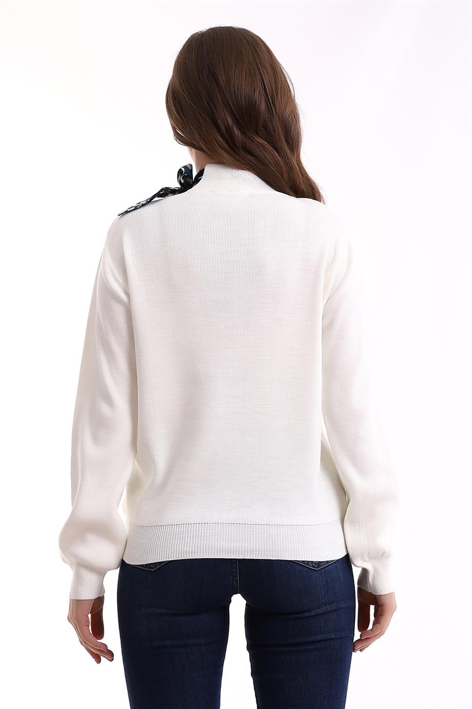 Bisiklet Yaka Fularlı Triko Kazak Triko Bluz 1100 Ekru