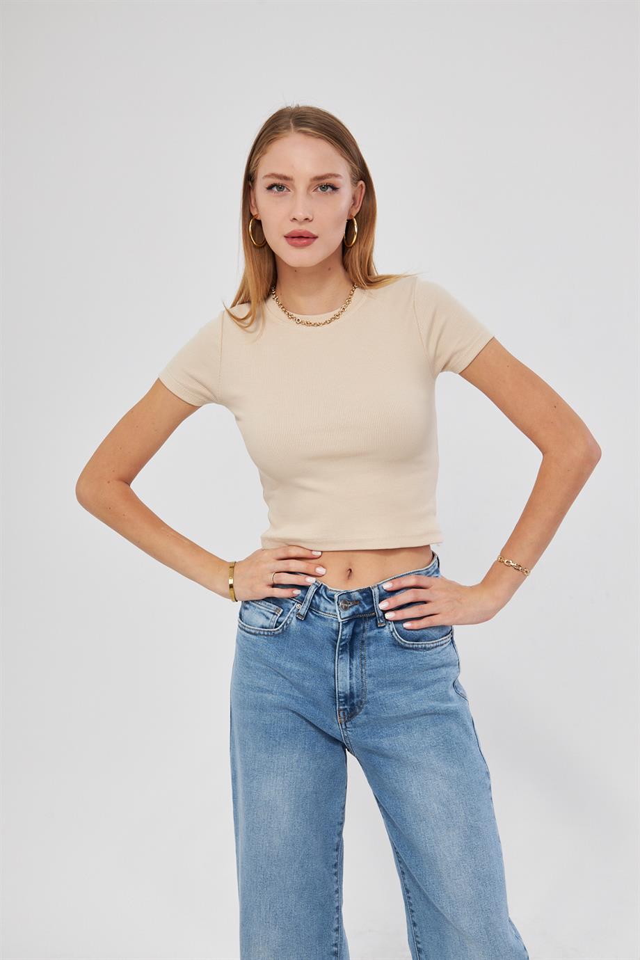 Bisiklet Yaka Kısa Kol Badi Crop Coton Body 4020