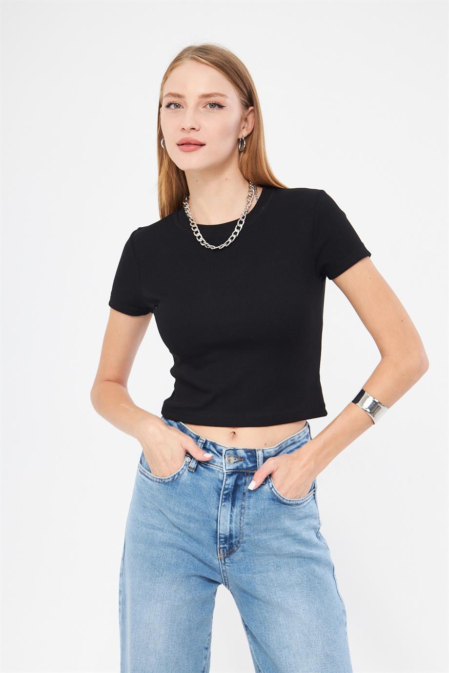 Bisiklet Yaka Kısa Kol Badi Crop Coton Body 4020