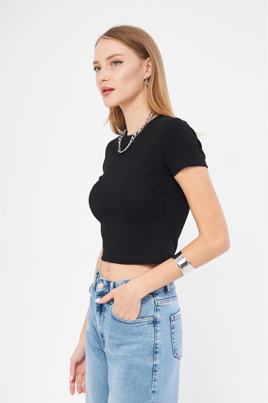 Bisiklet Yaka Kısa Kol Badi Crop Coton Body 4020